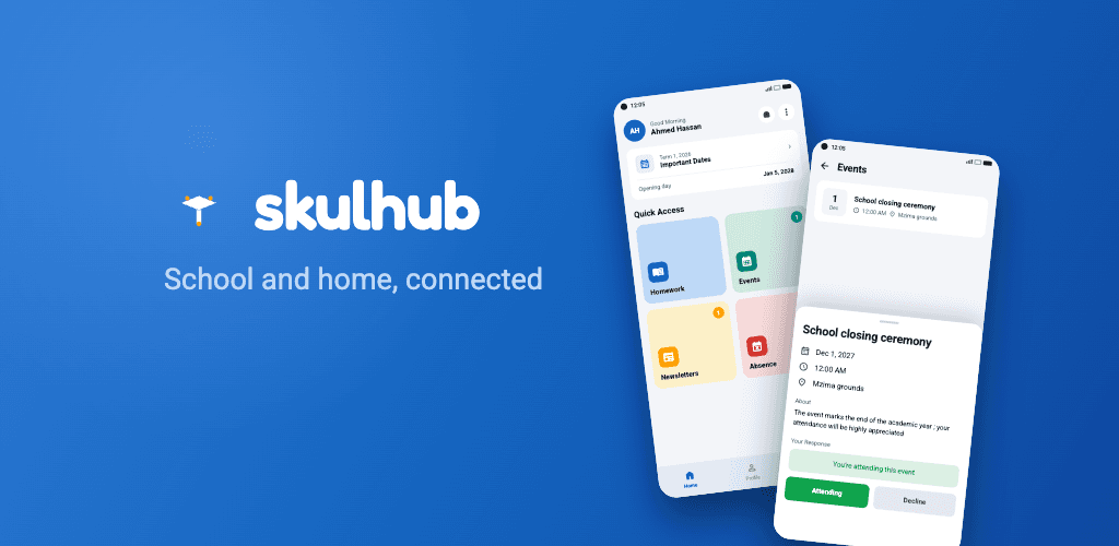 SkulHub Guardian app home and school event screens